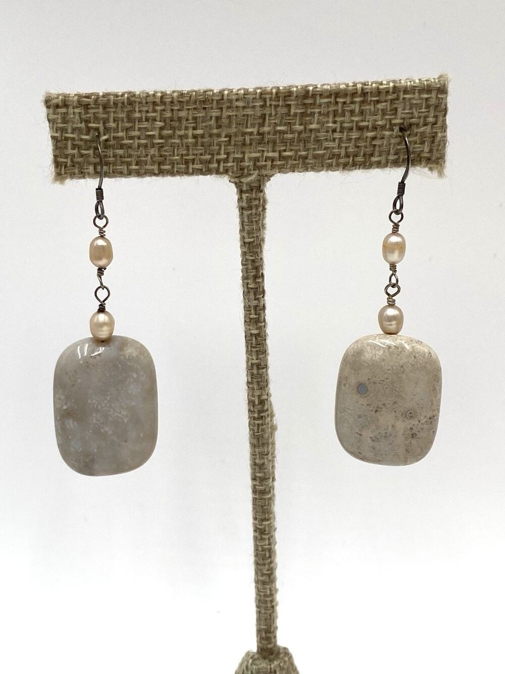 925 Earrings Dangles Polished Stone Pearls Artisan Drops
